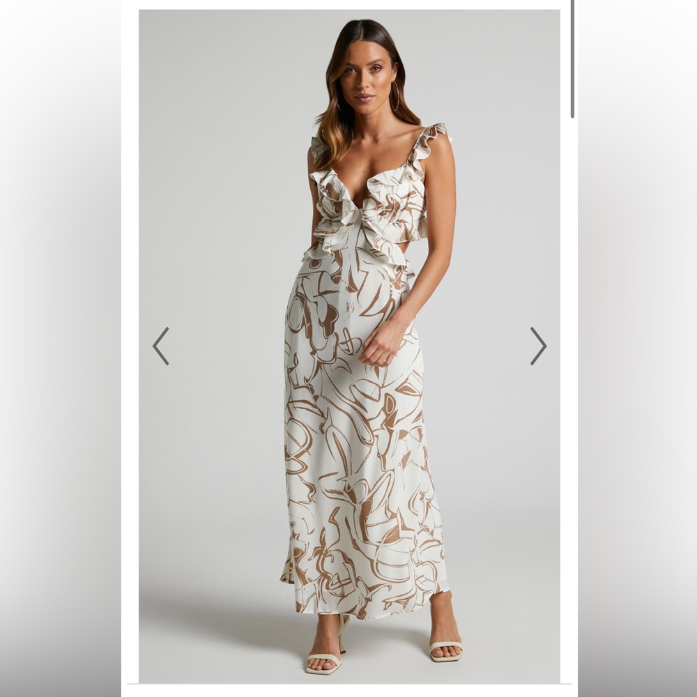 NWT Showpo DAHLIA MIDI DRESS - RUFFLE DETAILS SLIP DRESS IN BEIGE SWIRL